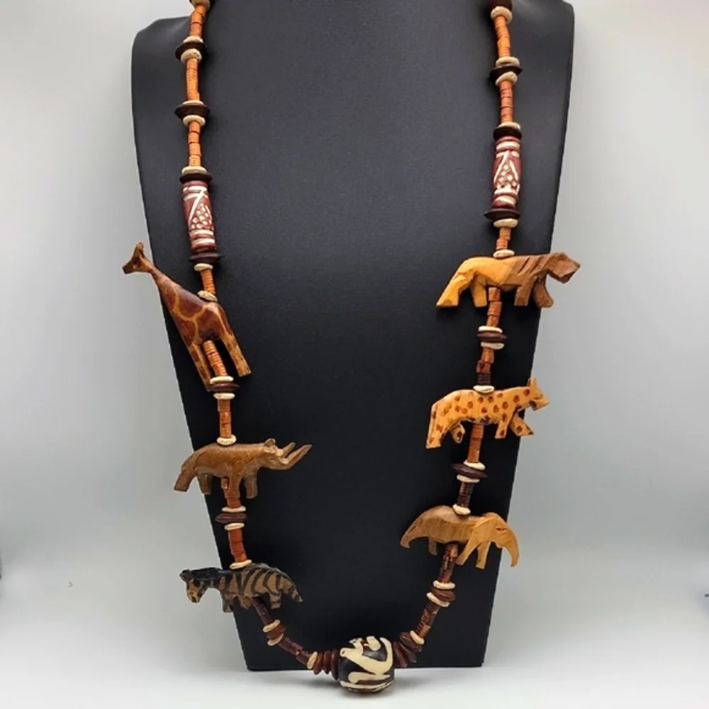 Handcrafted Animal Charm Necklace - Natural Wood Seed Pottery Ethnic Tribal 28